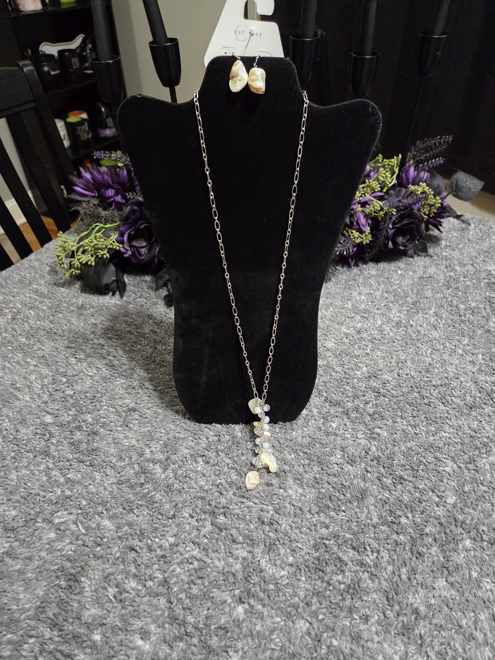 Cato Iridescent Stone Drop Necklace and Earrings - Cream and Silver